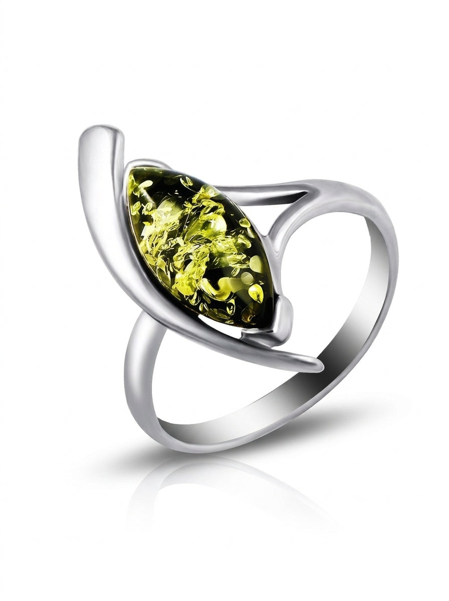 Marquise Green Amber Silver Ring — DARVIN (Pre-Order)