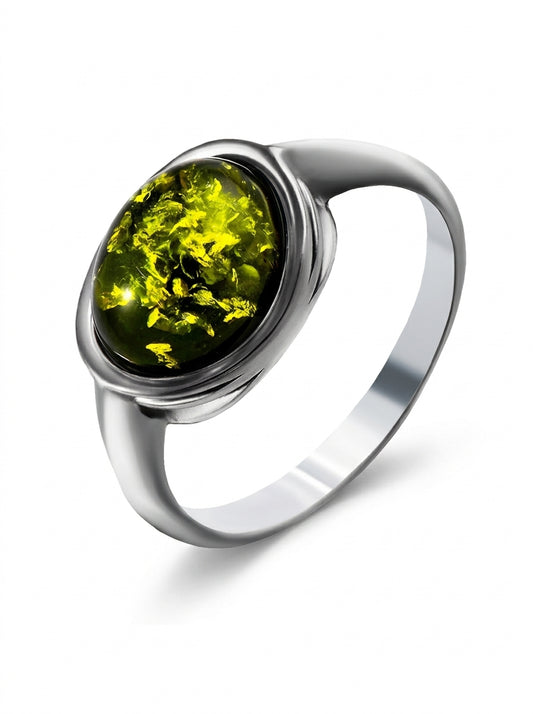 Oval Green Amber Silver Ring — DARVIN (Pre-Order)