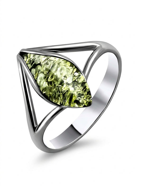 Marquise Green Amber Silver Ring — DARVIN (Pre-Order)