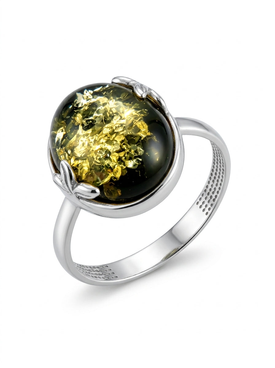 Oval Green Amber Silver Ring — DARVIN (Pre-Order)