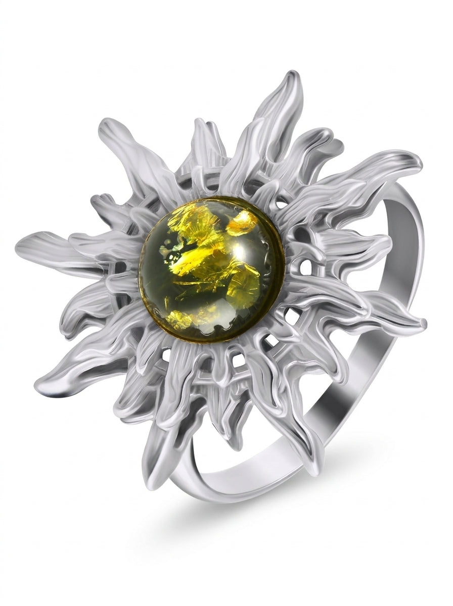 Round Green Amber Silver Ring — DARVIN (Pre-Order)