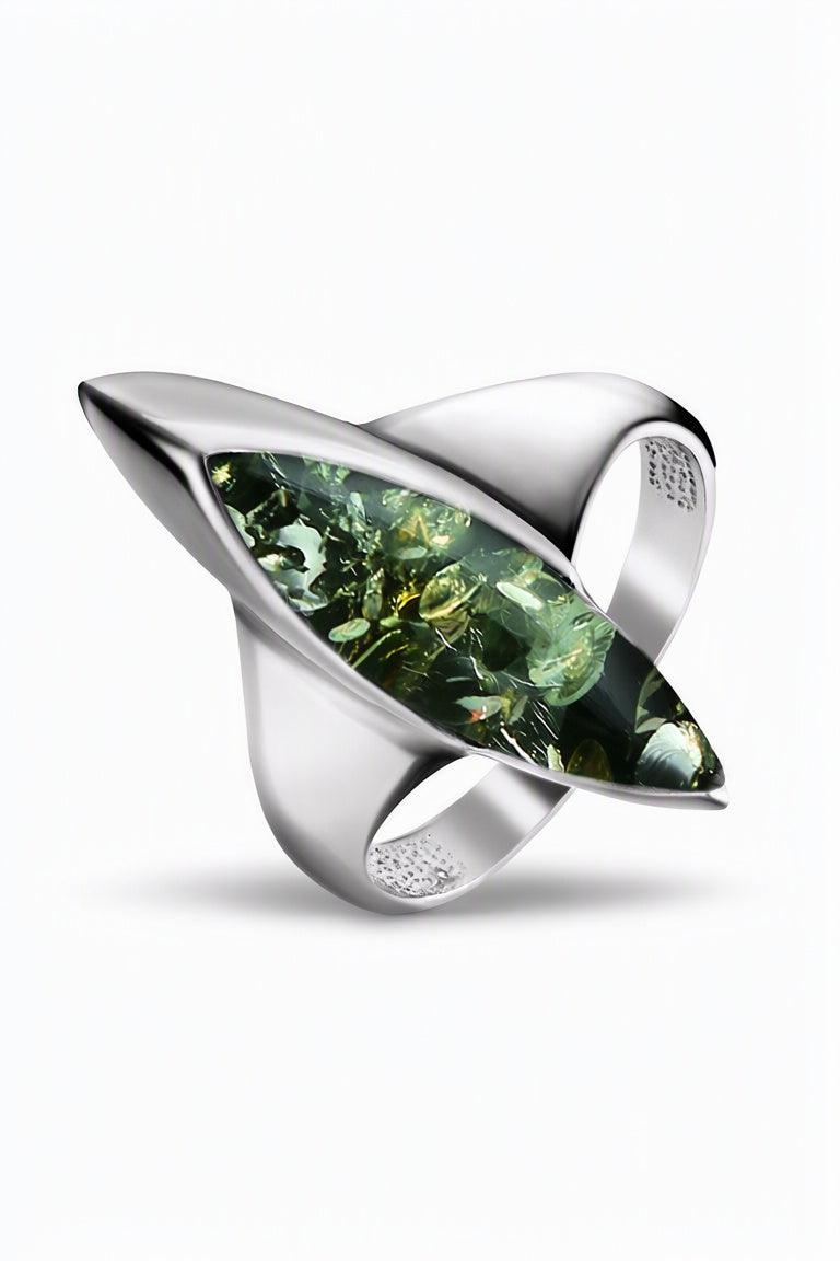 Marquise Green Amber Silver Ring — DARVIN