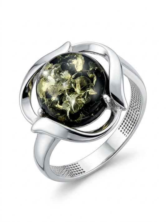 Round Green Amber Silver Ring — DARVIN (Pre-Order)