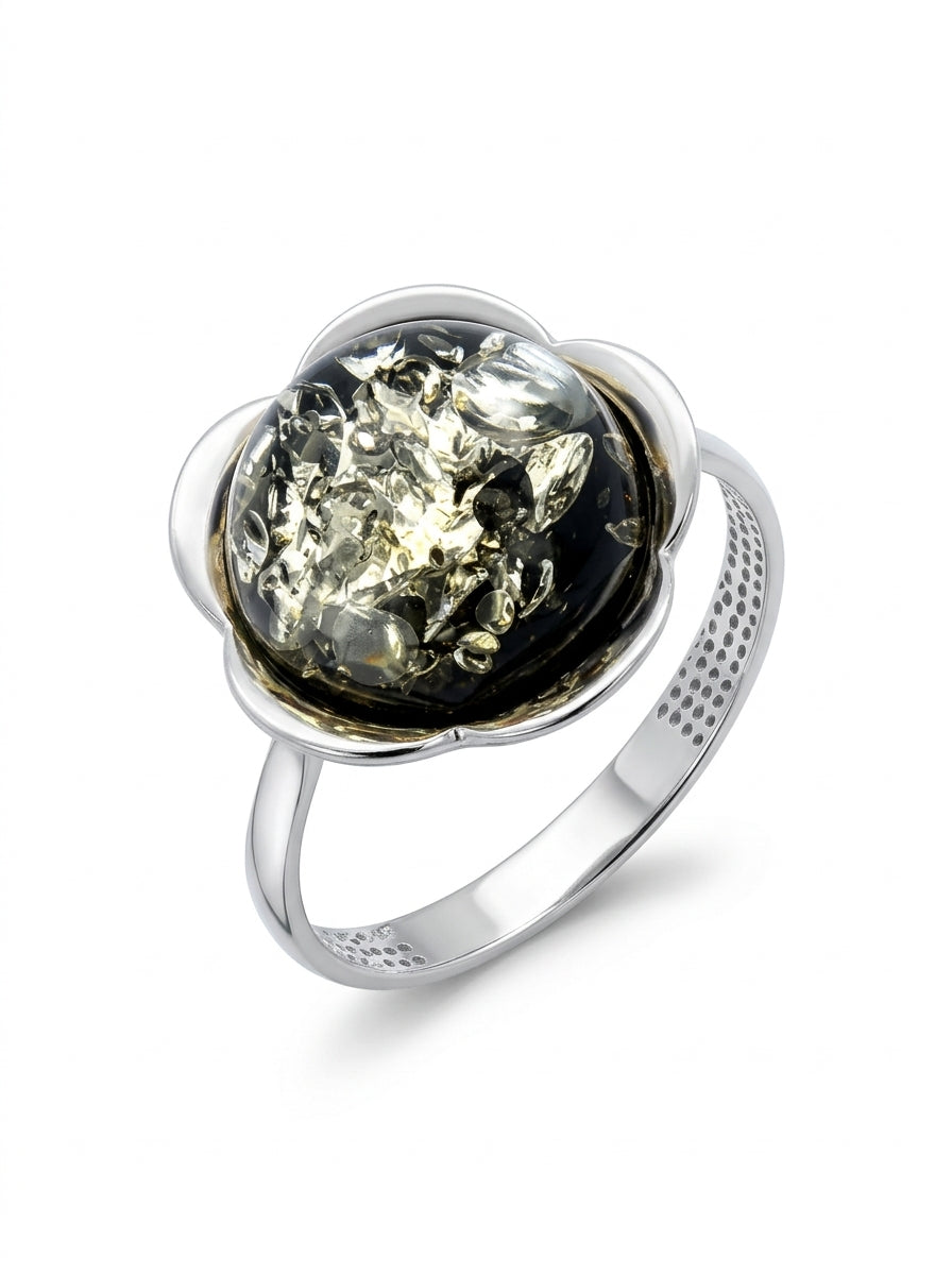 Round Green Amber Silver Ring — DARVIN (Pre-Order)