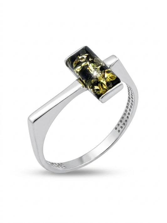 Rectangle Green Amber Silver Ring — DARVIN (Pre-Order)
