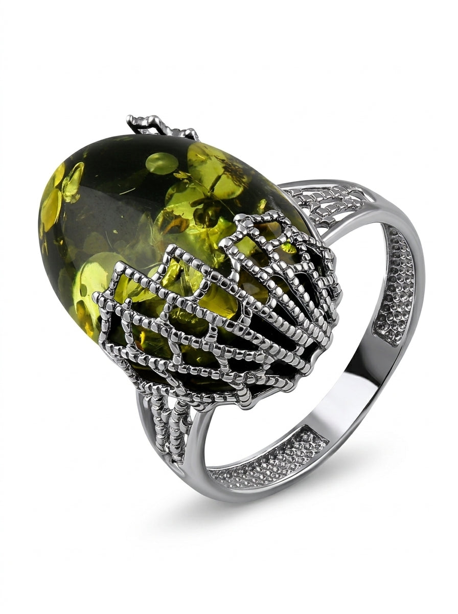 Oval Green Amber Silver Ring — DARVIN (Pre-Order)