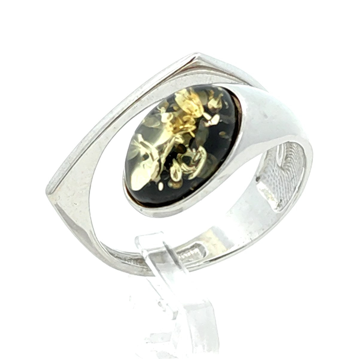 Oval Green Amber Silver Ring — DARVIN