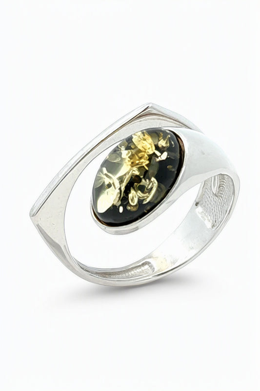 Oval Green Amber Silver Ring — DARVIN