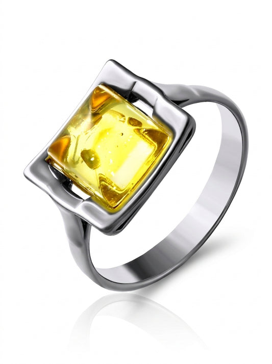 Square Lemon Amber Silver Ring — DARVIN (Pre-Order)