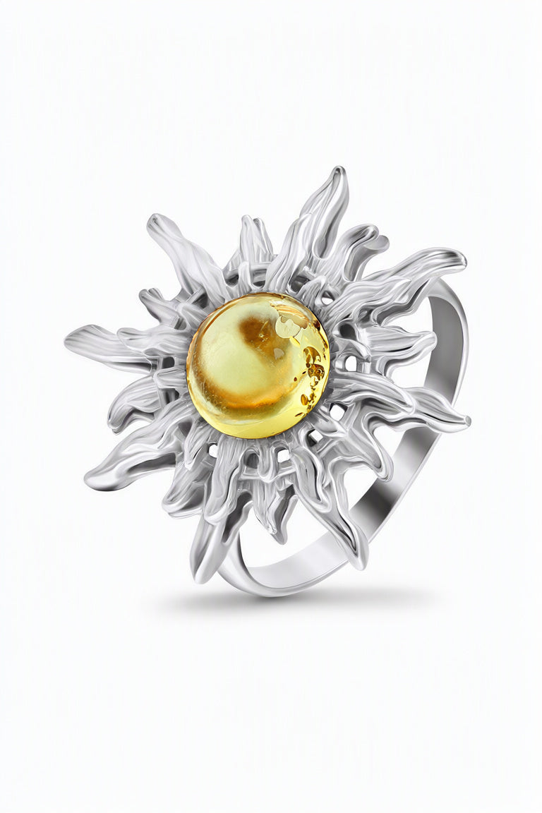 Round Lemon Amber Silver Ring — DARVIN