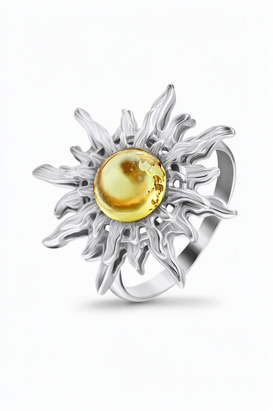Round Lemon Amber Silver Ring — DARVIN