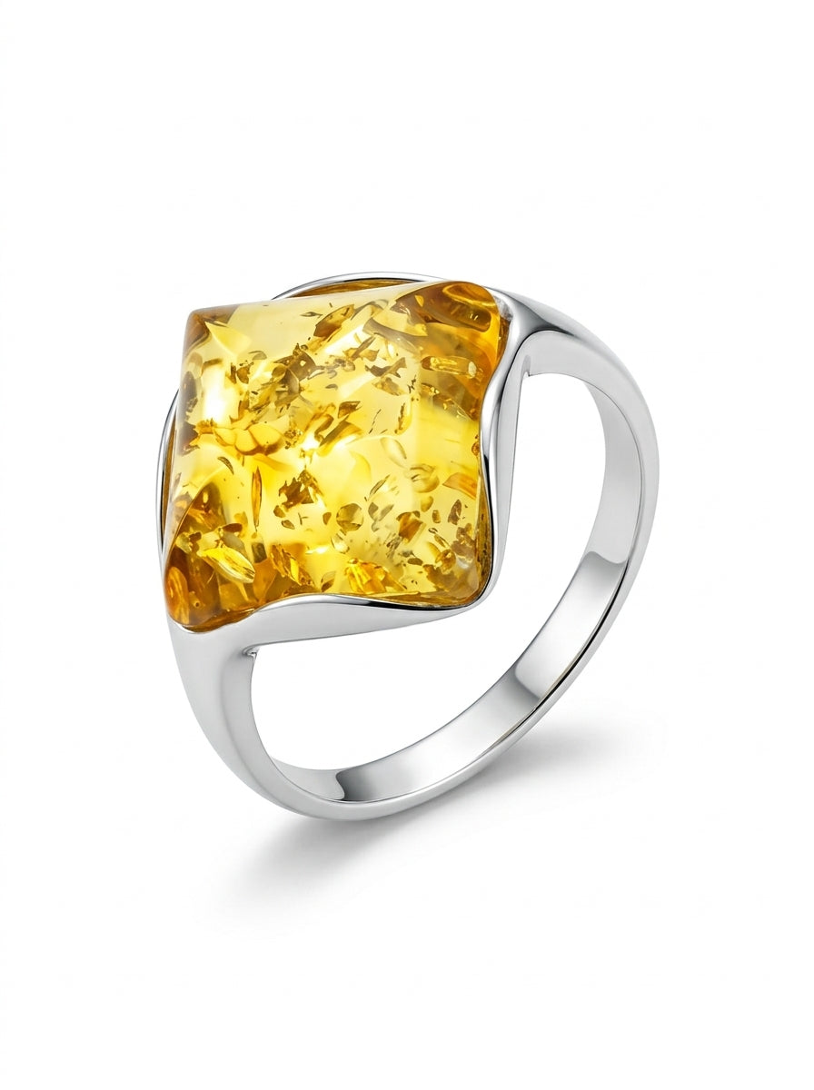 Square Lemon Amber Silver Ring — DARVIN (Pre-Order)