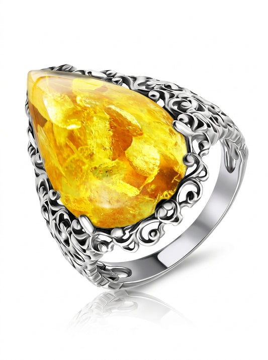 Teardrop Lemon Amber Silver Ring — DARVIN (Pre-Order)