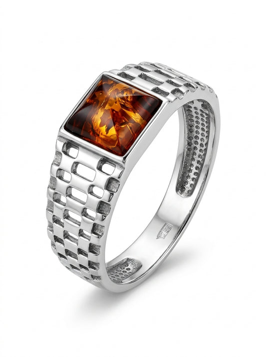Square Cognac Amber Silver Ring — DARVIN (Pre-Order)
