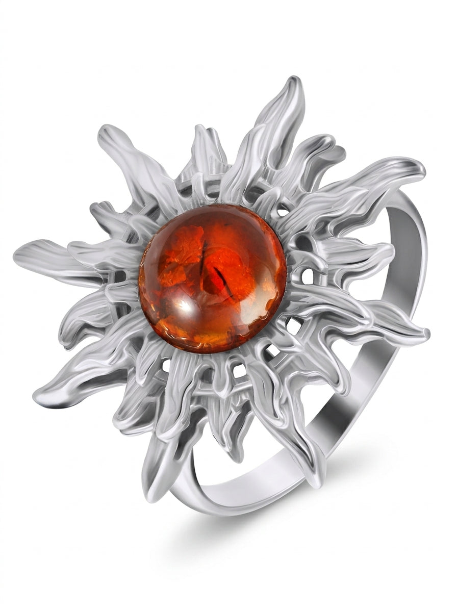 Round Cognac Amber Silver Ring — DARVIN (Pre-Order)