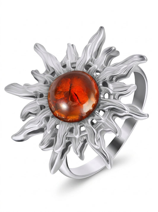 Round Cognac Amber Silver Ring — DARVIN (Pre-Order)