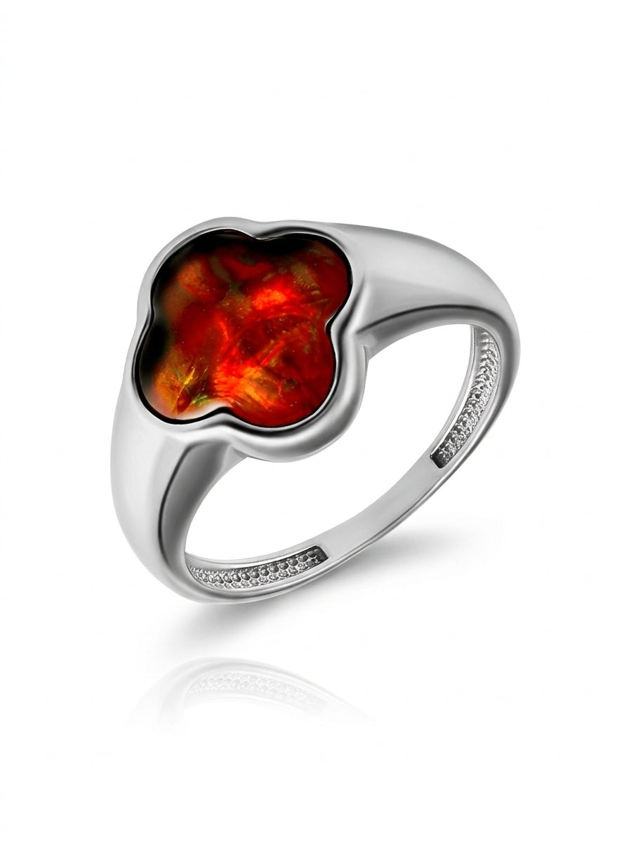 Four-Leaf Clover Cognac Amber Silver Ring — DARVIN (Pre-Order)