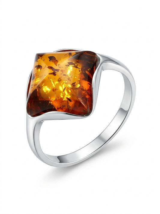Square Cognac Amber Silver Ring — DARVIN (Pre-Order)