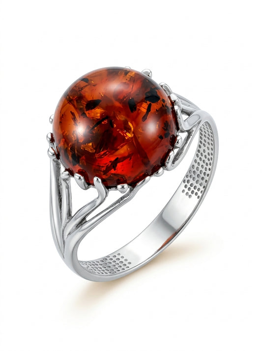 Round Cognac Amber Silver Ring — DARVIN (Pre-Order)