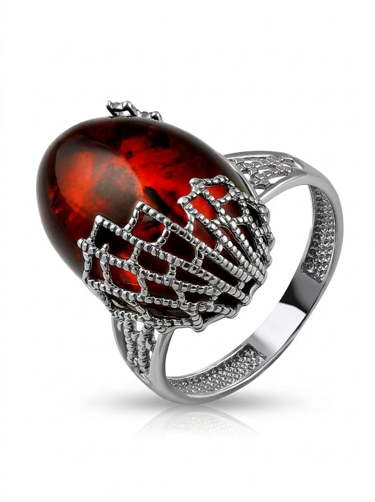 Oval Cognac Amber Silver Ring — DARVIN (Pre-Order)