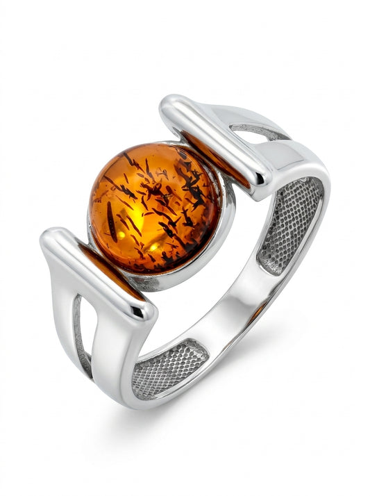 Round Cognac Amber Silver Ring — DARVIN (Pre-Order)