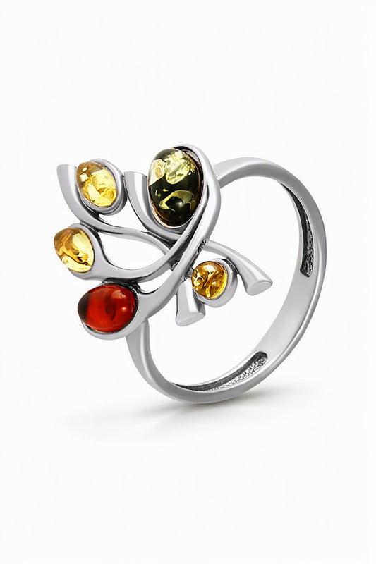 Oval Mixed Amber Silver Ring — DARVIN