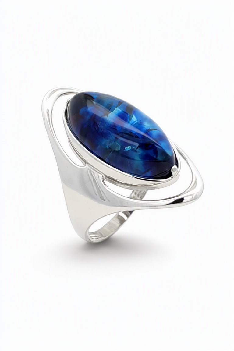 Oval Treated Blue Amber Silver Ring — DARVIN (Pre-Order)