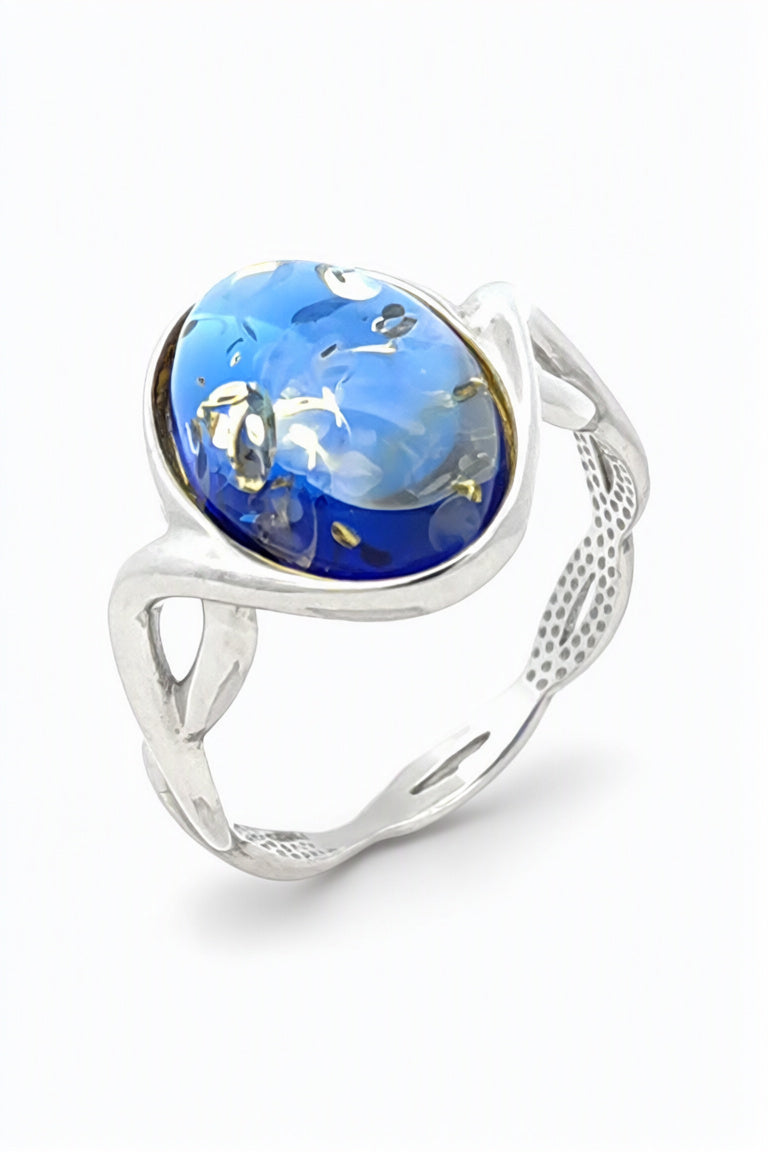 Oval Sapphire Blue Amber Silver Ring — DARVIN (Pre-Order)