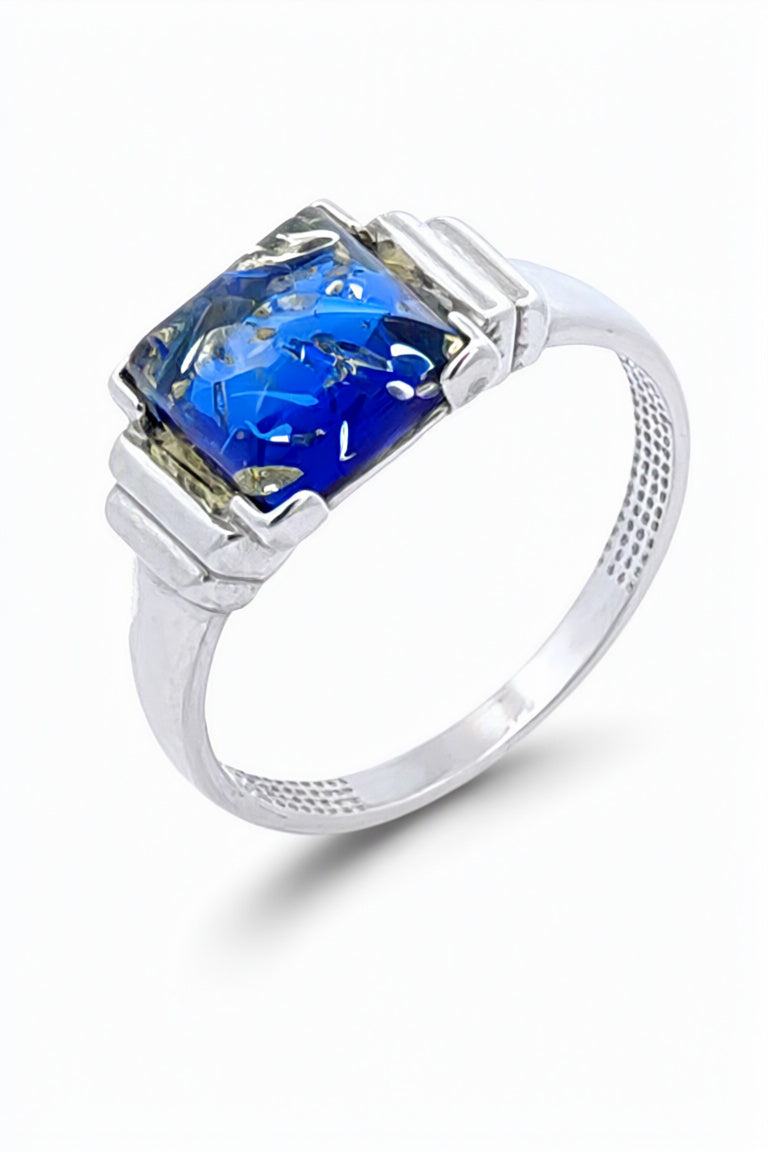 Square Sapphire Blue Amber Silver Ring — DARVIN (Pre-Order)