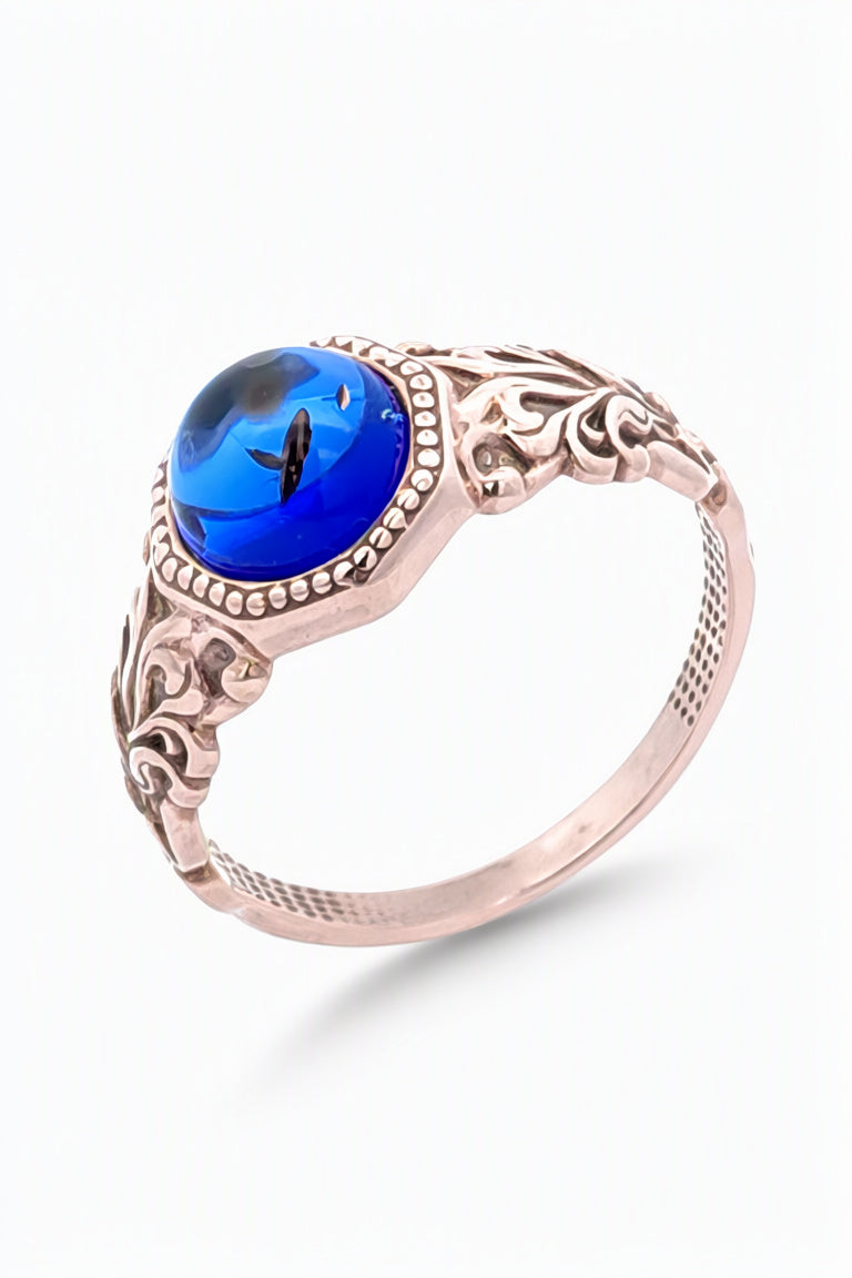 Round Sapphire Blue Amber Silver Ring — DARVIN (Pre-Order)