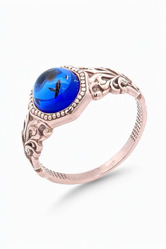 Round Sapphire Blue Amber Silver Ring — DARVIN (Pre-Order)