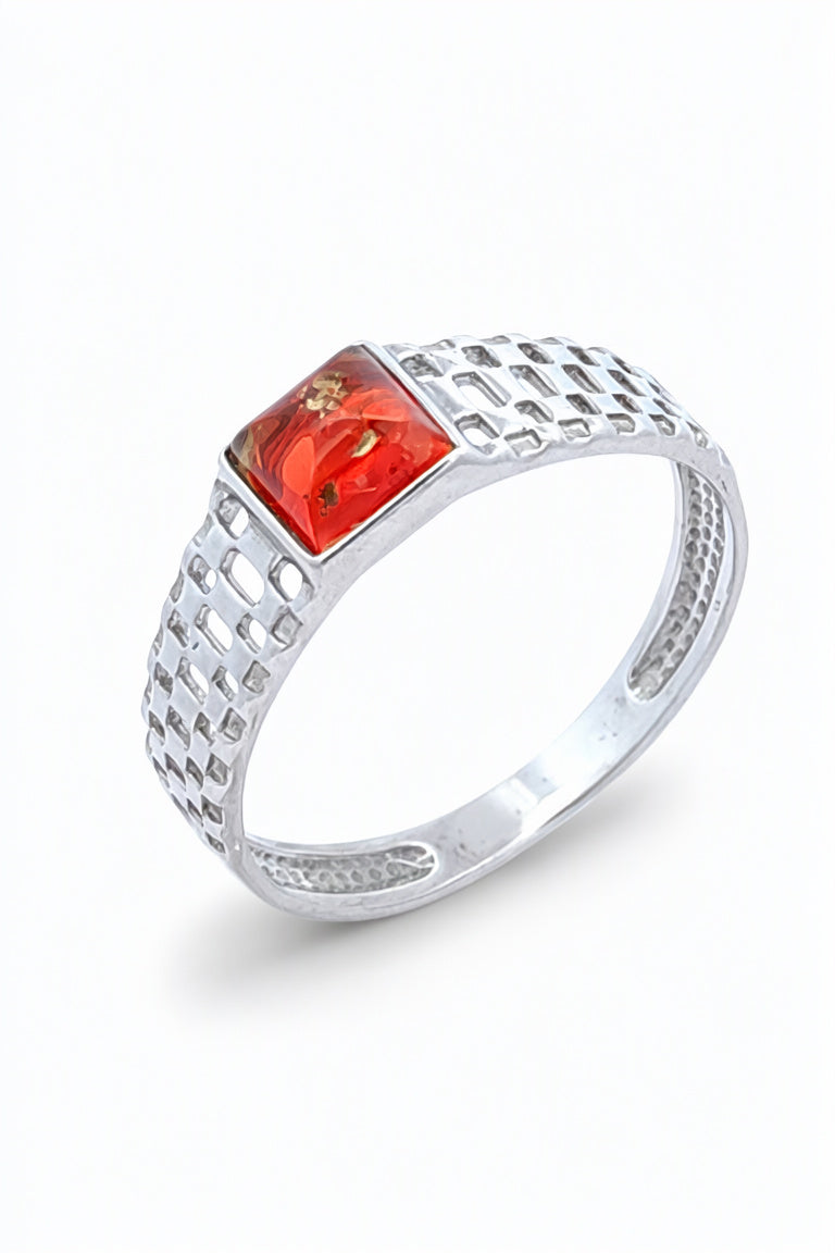 Square Ruby Red Amber Silver Ring — DARVIN (Pre-Order)