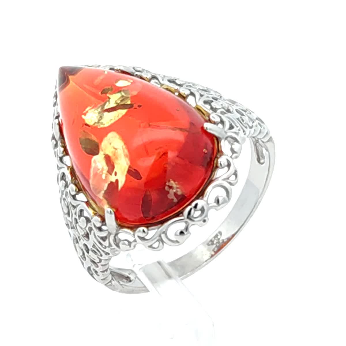 Teardrop Ruby Red Amber Silver Ring — DARVIN (Pre-Order)