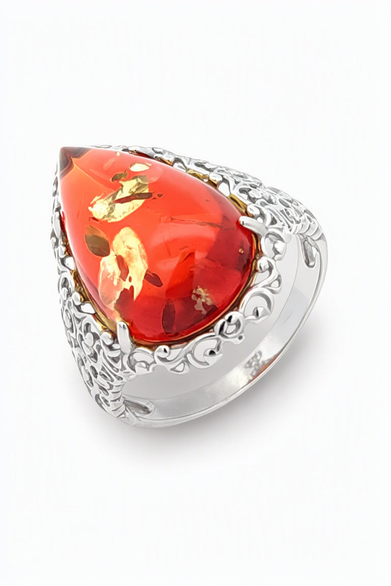 Teardrop Ruby Red Amber Silver Ring — DARVIN (Pre-Order)