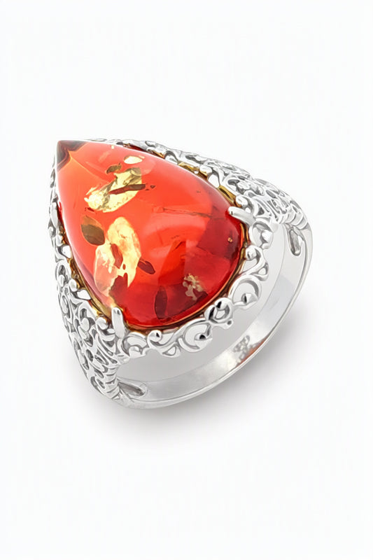 Teardrop Ruby Red Amber Silver Ring — DARVIN (Pre-Order)
