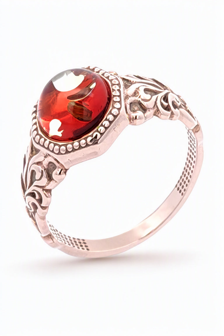 Round Ruby Red Amber Silver Ring — DARVIN (Pre-Order)