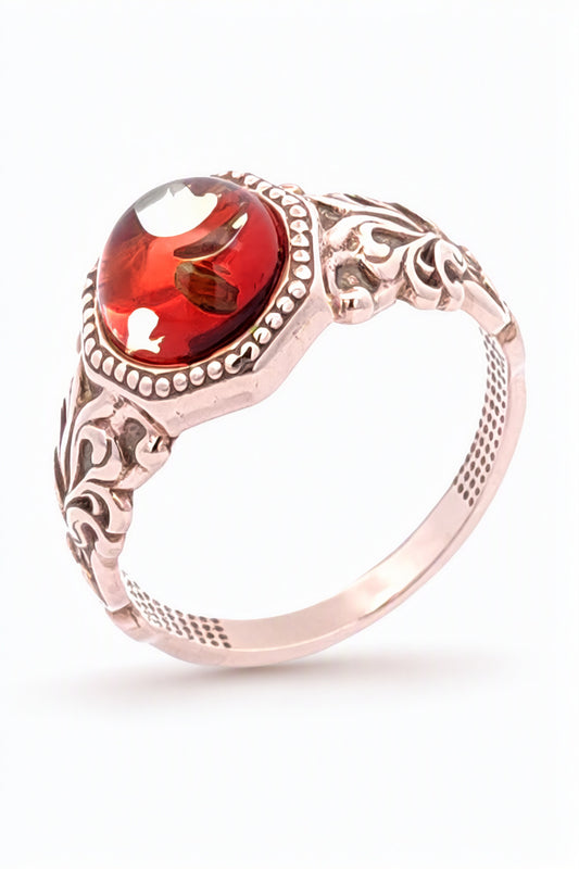 Round Ruby Red Amber Silver Ring — DARVIN (Pre-Order)
