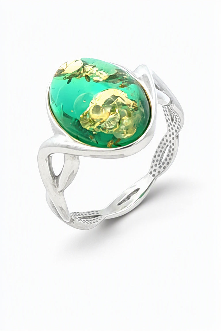 Oval Emerald Green Amber Silver Ring — DARVIN (Pre-Order)