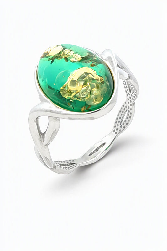 Oval Emerald Green Amber Silver Ring — DARVIN (Pre-Order)