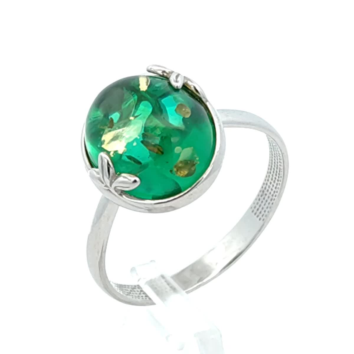 Oval Emerald Green Amber Silver Ring — DARVIN (Pre-Order)
