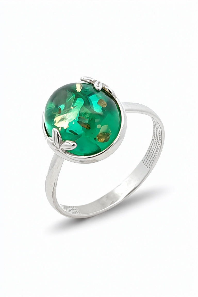 Oval Emerald Green Amber Silver Ring — DARVIN (Pre-Order)