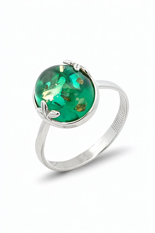 Oval Emerald Green Amber Silver Ring — DARVIN (Pre-Order)