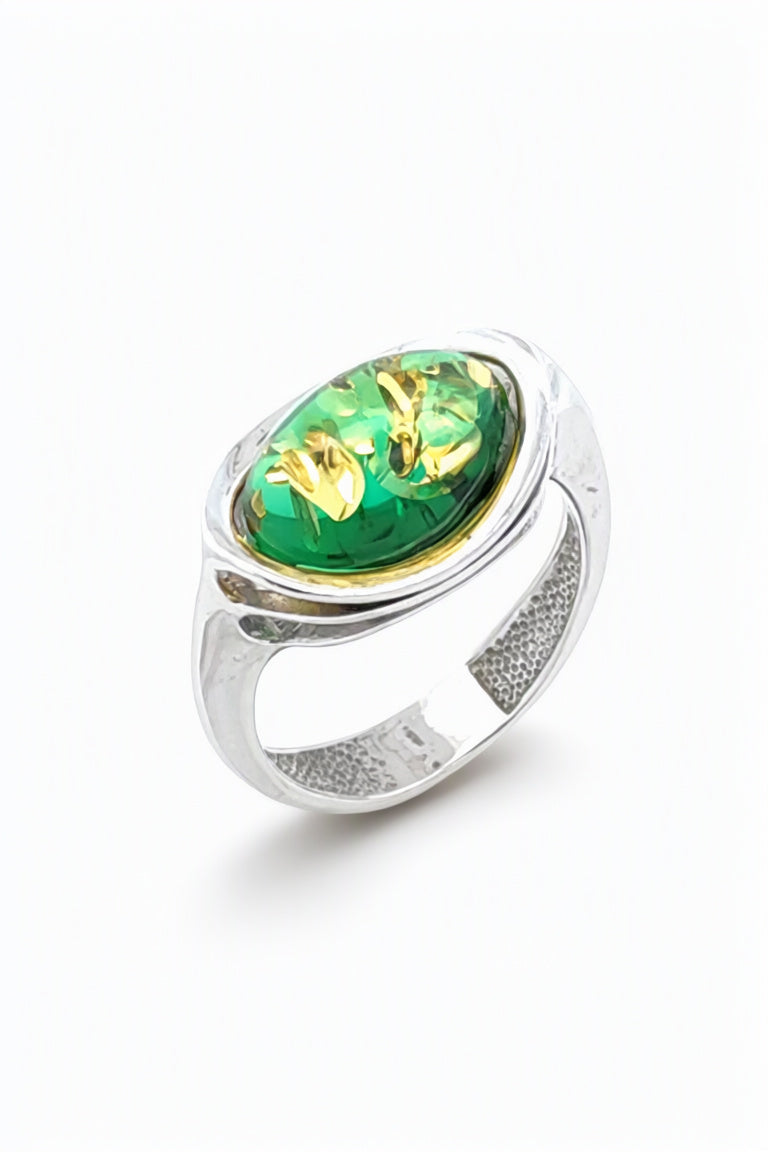 Oval Emerald Green Amber Silver Ring — DARVIN (Pre-Order)