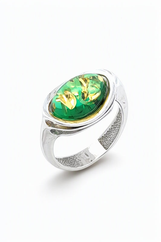 Oval Emerald Green Amber Silver Ring — DARVIN (Pre-Order)