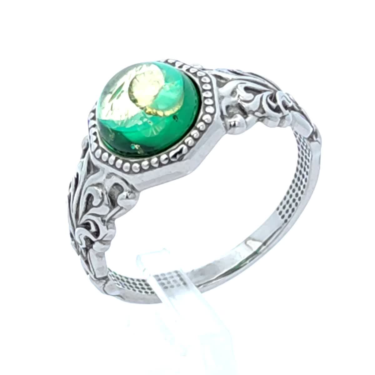 Round Emerald Green Amber Silver Ring — DARVIN (Pre-Order)