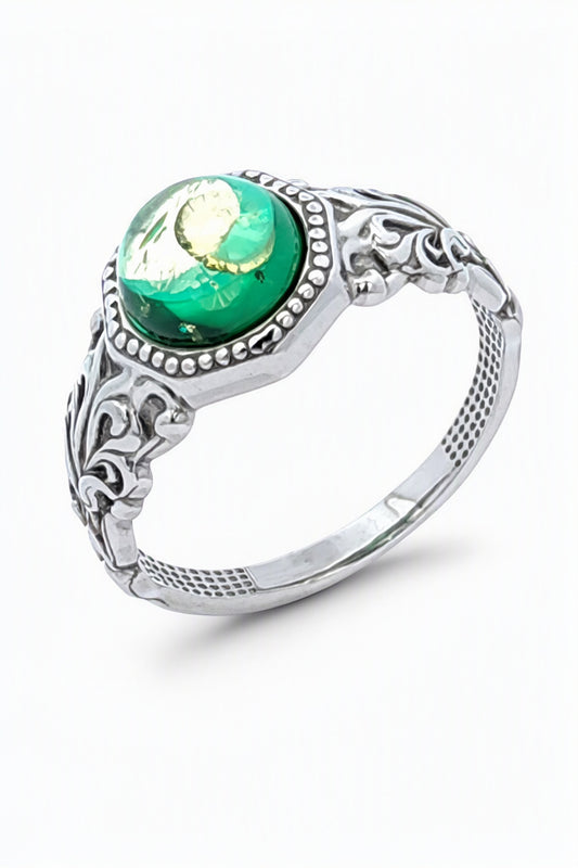 Round Emerald Green Amber Silver Ring — DARVIN (Pre-Order)