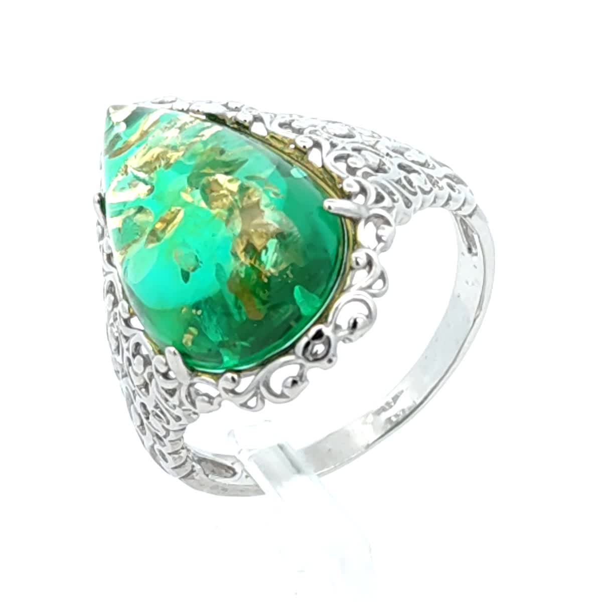 Teardrop Emerald Green Amber Silver Ring — DARVIN (Pre-Order)