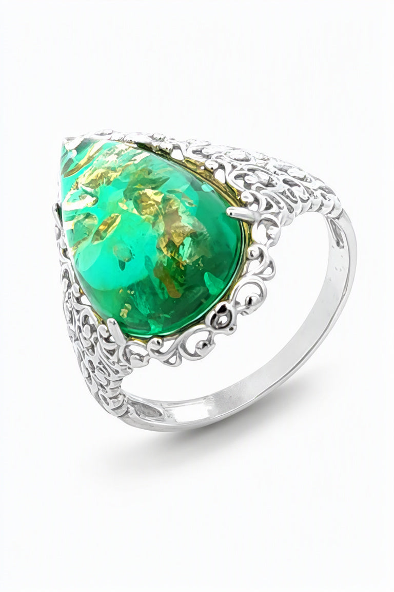 Teardrop Emerald Green Amber Silver Ring — DARVIN (Pre-Order)
