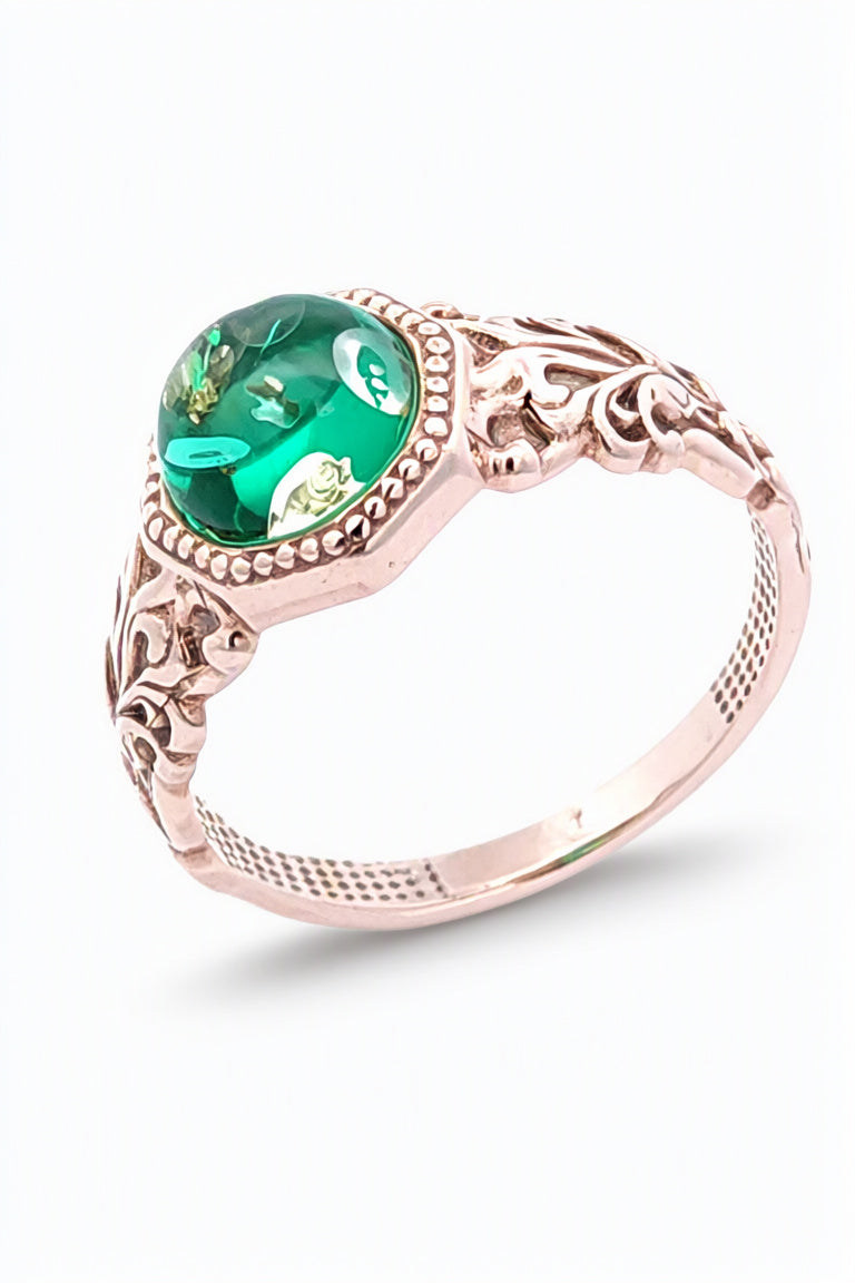 Round Emerald Green Amber Silver Ring — DARVIN (Pre-Order)