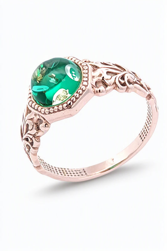 Round Emerald Green Amber Silver Ring — DARVIN (Pre-Order)